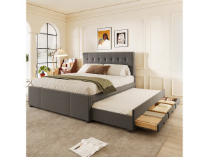 Merax Uitschuifbed met 3 lades - 140 x 200 cm + 90 x 190 cm - linnen stof - verstelbaar hoofdeinde - kleur grijs