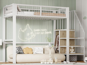 ModernLuxe Hoogslaper 90x200 cm met kledingkast en trap - metalen frame - Wit