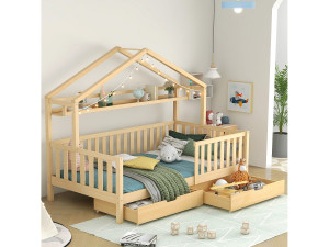 Merax Kajuitbed met 2 lades - 90 x 200 cm - grenenhout - voor kinderen - lattenbodem en veiligheidsrail - natuurlijke kleur