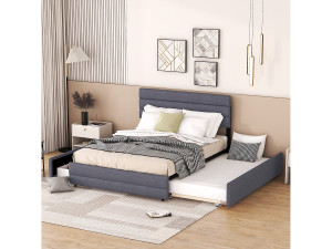 Merax Onderschuifbed met opbergruimte - 140 x 200 cm + 90 x 190 cm - linnen stof - verstelbaar hoofdeinde - lattenbodem - grijze kleur