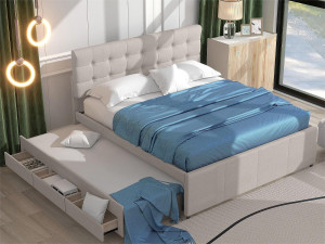Merax Onderschuifbed met 3 laden - 140 x 200 cm + 90 x 190 cm - linnen stof - verstelbaar hoofdeinde - beige kleur