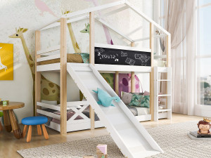 Merax Cabine stapelbed - 2 x 90 x 200 cm - grenen en MDF - glijbaan, ladder en lattenbodem - kleuren: naturel en wit