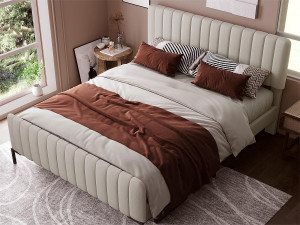 Merax Bed met verstelbaar hoofdeinde - 160 x 200 cm - linnen stof - lattenbodem - beige
