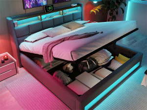 ModernLuxe Linnenopbergbed 180x200cm met LED- en USB-poorten - lattenbodem - grijs