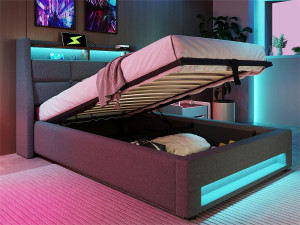 ModernLuxe Linnenopbergbed 90x200cm met LED- en USB-poorten - lattenbodem - grijs