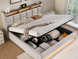 ModernLuxe Linnenopbergbed 180x200cm met LED- en USB-poorten - lattenbodem - beige