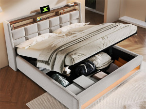ModernLuxe Linnenopbergbed 140x200cm met LED- en USB-poorten - lattenbodem - beige