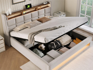 ModernLuxe Linnenopbergbed 160x200cm met LED- en USB-poorten - lattenbodem - beige