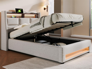 ModernLuxe Linnenopbergbed 90x200cm met LED- en USB-poorten - lattenbodem - beige