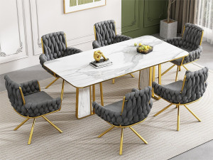 ModernLuxe Set van 6 fluwelen draaistoelen met armleuningen - goud metalen poten - grijs