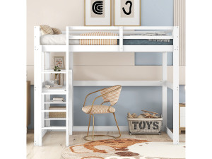 Merax Hoogslaper - 140 x 200 cm - met bureau en opbergplank - grenen - kleur wit