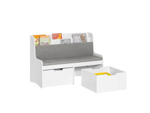 SoBuy Kinderspeelgoedkist, kinderopbergbank met boekenkast, 2 laden op wielen en zitkussen, 100 x 45 x 70 cm, wit, KMB66-W