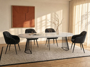Unique Mesa de comedor extensible de 2 a 12 cubiertos de MDF y acero - Efecto mármol blanco y negro - FIRELA