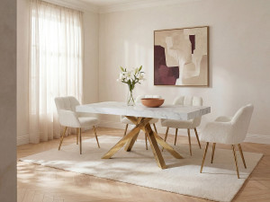 Vente-unique Verlengbare eettafel 6 tot 10 plaatsen van mdf en metaal - Wit marmereffect en goud - CATONAV