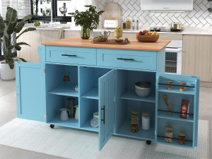 ModernLuxe Mobiele centrale keukeneiland - Uitklapbaar bord - 2 lades + kastdeuren voor opslag - Blauw Cielo