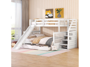 Merax Stapelbed met lades - 90 x 200 cm + 140 x 200 cm - ladder, glijbaan en lattenbodem - Wit