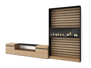 Skraut Home Meubels voor woonkamer, 310x35x186cm, Voor tv's tot 80", Elektrische haard, Eiken/Zwart