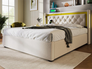 Merax Gestoffeerd opbergbed - 140 x 200 cm - met USB Type C stopcontact en LED's - lattenbodem - kleur beige