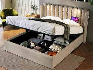 Merax Cama de arrumação com cabeceira - 160 x 200 cm - candeeiro de leitura e tomada USB - tecido de linho - cor natural