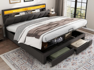 ModernLuxe Gestoffeerd opbergbed 160x200cm in linnen met lade en LED - opberghoofdeinde - lattenbodem - Grijs