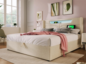 ModernLuxe Opbergbed 160x200cm gestoffeerd in linnenstof - met LED en oplaadpoorten - met lattenbodem - Beige