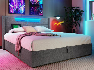 ModernLuxe Opbergbed 160x200cm gestoffeerd in linnenstof - met LED en oplaadpoorten - met lattenbodem - Grijs