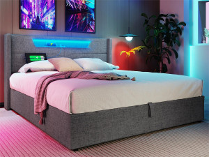 ModernLuxe Opbergbed 140x200cm gestoffeerd in linnenstof - met LED en oplaadpoorten - met lattenbodem - Grijs