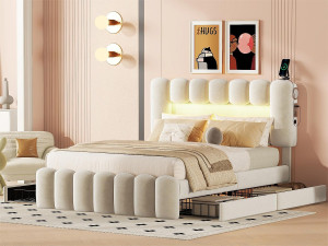 ModernLuxe Fluweel gestoffeerd bed - 140x200cm - 4 lades + LED + Oplaadpoorten + Lezer - Beige