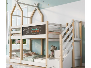 ModernLuxe Cabine stapelbed 90x200cm met opbergtrap en een schoolbord - lattenbodems - Wit