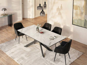 Vente-unique Verlengbare eettafel 8 tot 12 plaatsen van keramiek, gehard glas en metaal - Wit marmereffect en antraciet - COREMA van Maison Céphy