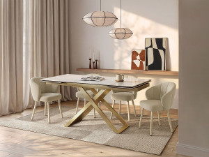 Vente-unique Verlengbare eettafel 6 tot 10 plaatsen van keramiek, gehard glas en metaal - Wit marmereffect en goudkleurig - XERENA van Maison Céphy