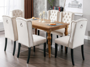 ModernLuxe Set van 4 Velvet stoelen met eikenhouten poten - versierd met klinknagels - Beige
