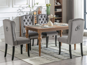 ModernLuxe Set van 6 Velvet stoelen met eikenhouten poten - versierd met klinknagels - Grijs