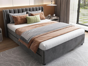Merax Bed met 2 lades - 140 x 200 cm - fluweel - lattenbodem - kleur grijs