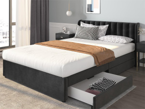 Merax Bed met 2 lades - 140 x 200 cm - fluweel - lattenbodem - kleur zwart