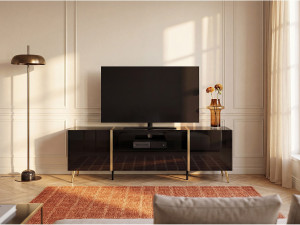 Vente-unique Tv-meubel met 2 deuren, 1 lade en 1 nis - Glanzend zwart en goudkleurig - MARZIALO