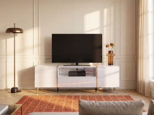 Vente-unique Tv-meubel met 2 deuren, 1 lade en 1 nis - Glanzend wit en goudkleurig - MARZIALO
