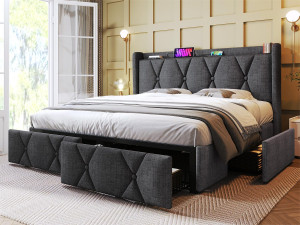 ModernLuxe Gewatteerd linnen bed 140x200cm - met 4 laden en USB-oplaadpoorten - Grijs (matras niet inbegrepen)