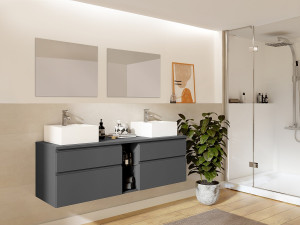 Vente-unique Hangend badkamermeubel met dubbele wastafel en spiegels - Grijs - 150 cm - MAGDALENA II