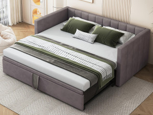 ModernLuxe Gestoffeerde onderschuifbed 90/180x200cm slaapbank in fluwelen stof met lattenbodem - Grijs