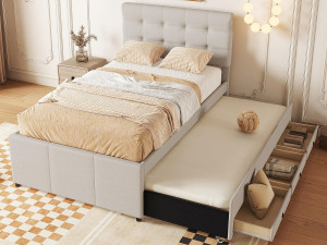 ModernLuxe Gestoffeerd bed 90x200cm met onderschuifbed 90x190cm - in linnenstof - met 3 lades en lattenbodem - Beige