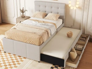 ModernLuxe Cama estofada 90x200cm com cama de gavetão 90x190cm - em tecido de linho - com 3 gavetas e base de ripas - Bege