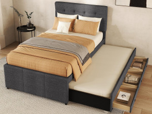 ModernLuxe Gestoffeerd bed 90x200cm met onderschuifbed 90x190cm - in linnenstof - met 3 lades en lattenbodem - Grijs