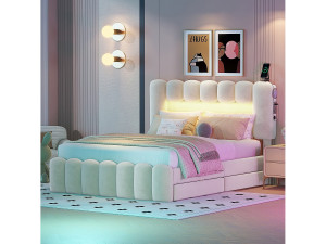 Merax Bed van 140 x 200 cm met 4 lades - LED-verlichting en USB - Fluweel - Beige