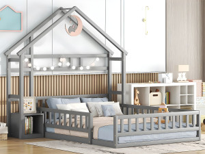 ModernLuxe Kinderhutbed 140x200cm met nachtkastje en beugels - lattenbodem - Grijs