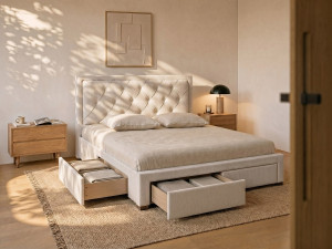 Vente-unique Bed met lades 160 x 200 cm - Stof - Beige - LEOPOLD