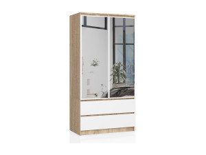 Kledingkast S90 met Spiegel 2 Deuren en 2 Lades / AKORD Furniture Factory / Sonoma Eik - Wit / 90 x 180 x 51 cm