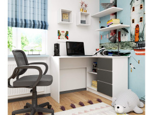 Akord Hoekbureau B16 Rechts Wit/Grijs met Laden en Planken - Modulair Design, 124x77x85 cm, Zelfmontage, Stijlvol en Duurzaam, Voor Thuis of