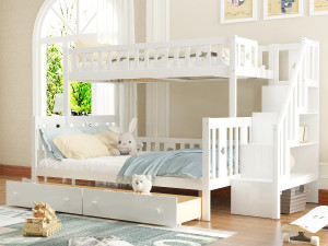 ModernLuxe Massief houten stapelbed 90x200+140x200cm - met opbergtrap en 2 lades - 2 lattenbodems - Wit
