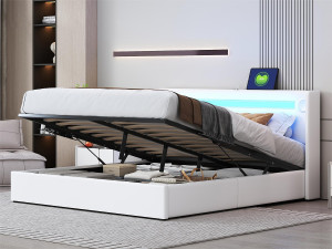 ModernLuxe Gestoffeerd kunstleer opbergbed 160x200cm met LED, Bluetooth speler en USB oplaadpoorten - met lattenbodem - Wit